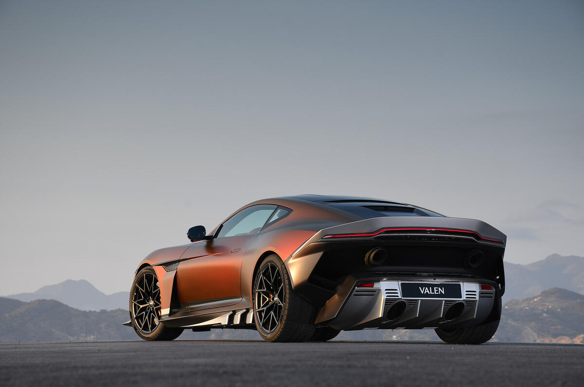 Aston Martin Valen rear view showing the double-decker quad titanium exhaust and full-width rear light bar